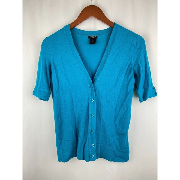Ann Taylor Womens XSP Blue Fitted 3/4 Sleeve Button Down Cardigan Preppy Sweater - Picture 1 of 8